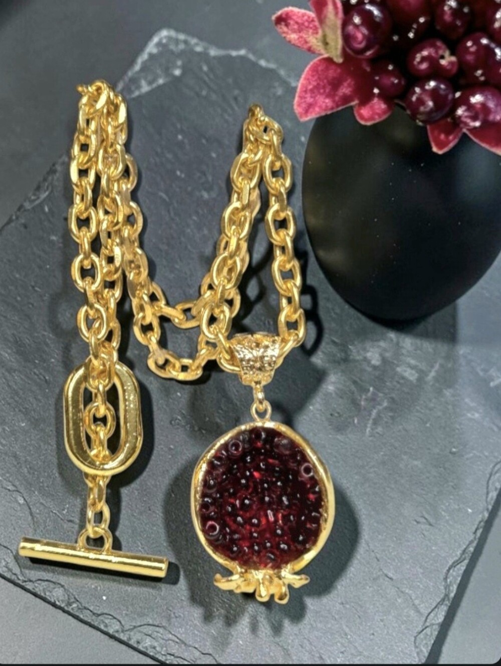 Gorgeous 18k Gold Plated Genuine Garnet Pomegranate Charm Toggle Necklace